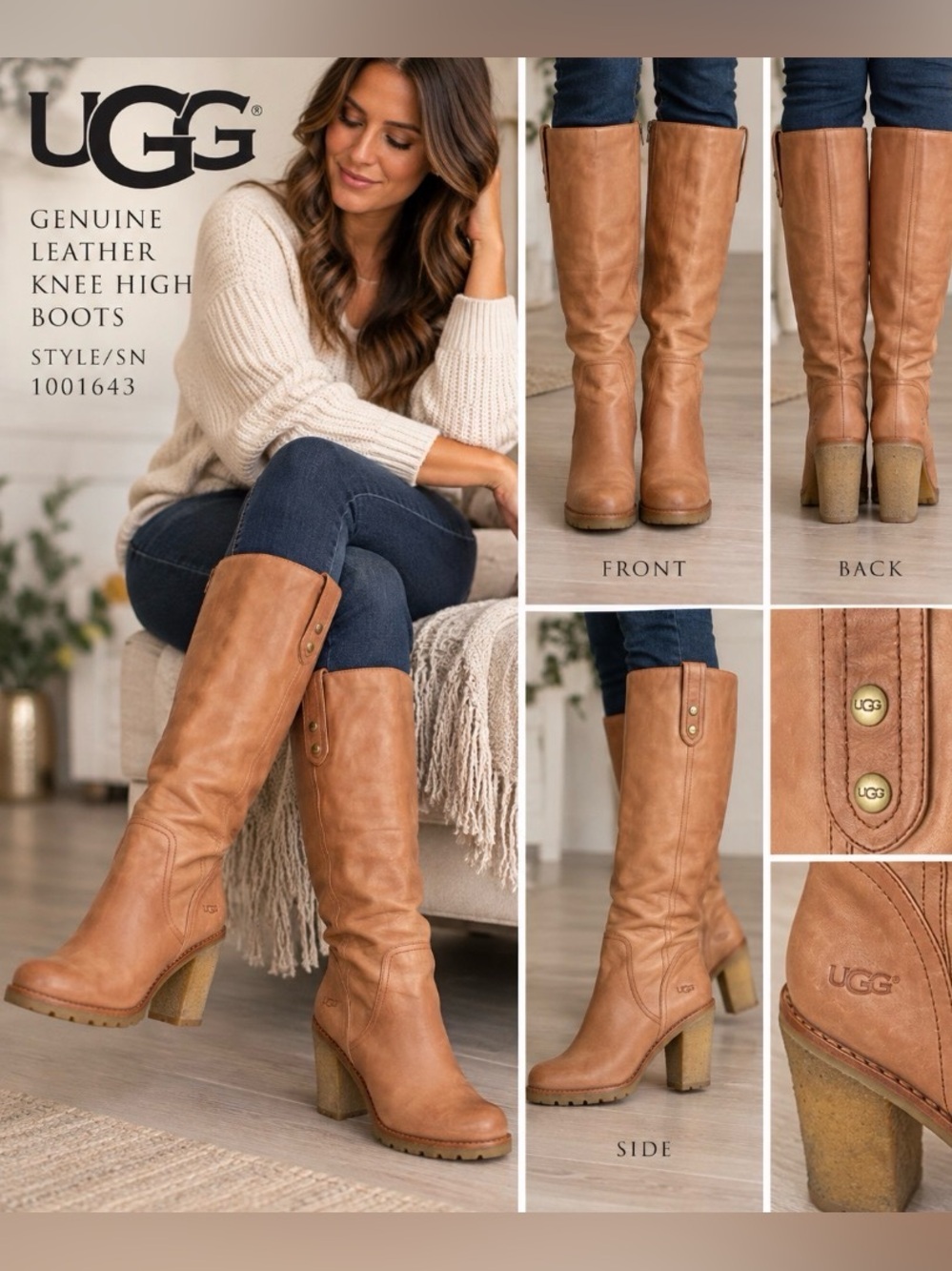 UGG 1001643 Tan Leather Tall Knee High Chunky Heel Boots Women’s 10